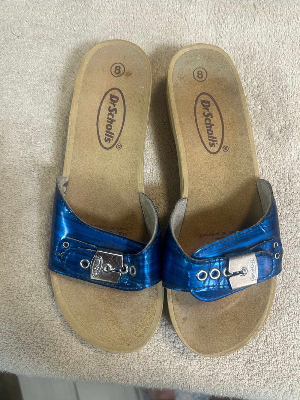 Dr. Scholls Terri style slip on sandals. Blue striated faux leather. Size 8